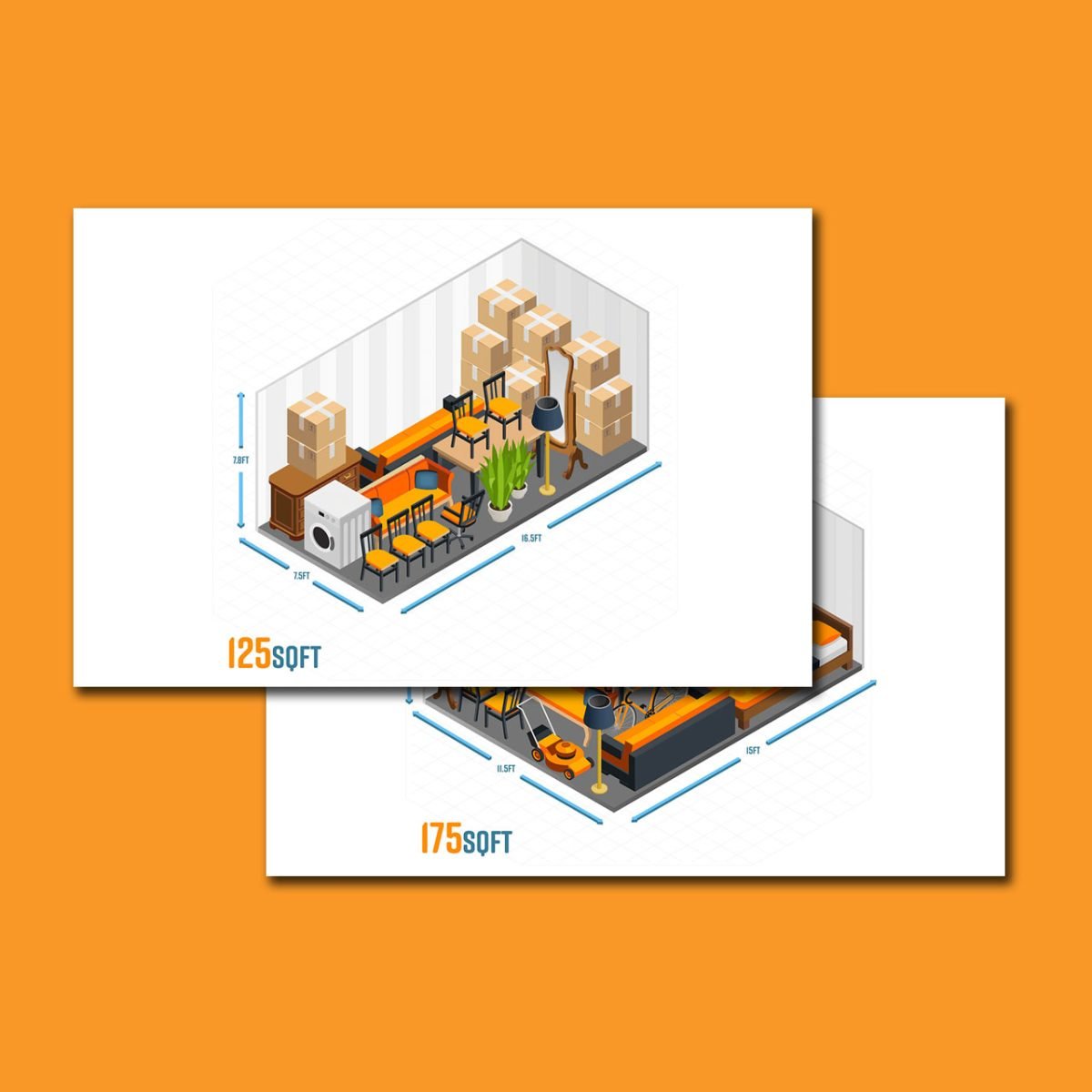 Graphics for a local storage firm showing what can be put into a particular space