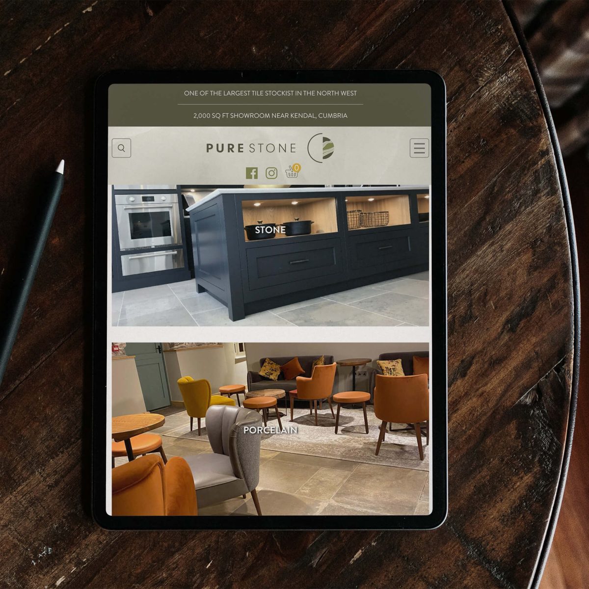 Custom designed pure stone website on ipad